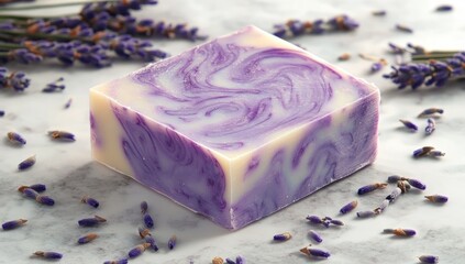 Square bar of lavender-scented soap with swirls of purple and cream