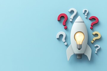 Rocket with lightbulb, surrounded by question marks