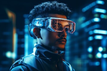 Young man wearing augmented reality glasses experiencing virtual reality in smart city