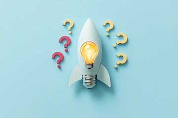 A lightbulb shaped rocket with question marks.  A lightbulb is inside the rocket, and several question marks surround it.  The image is set against a pale blue background
