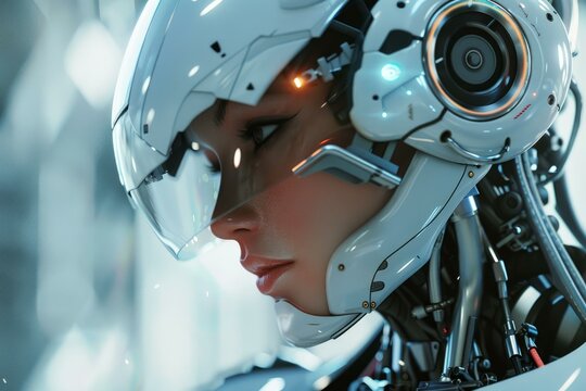 Cyborg woman with advanced helmet featuring a heads up display - hud - in a high tech laboratory environment - Powered by Adobe