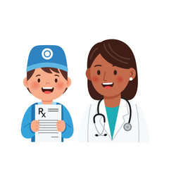Fototapeta premium A young boy dressed as a doctor holds a prescription, standing beside a female physician.