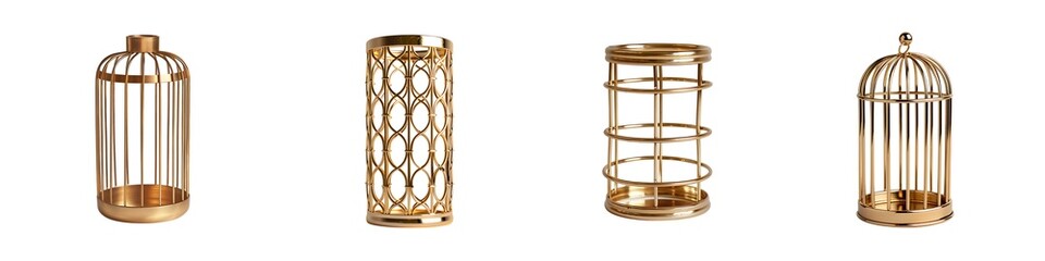 Set of golden decorative bird cages isolated on transparent background