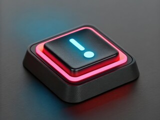 Illuminated exclamation mark button with a red outline on a dark reflective surface
