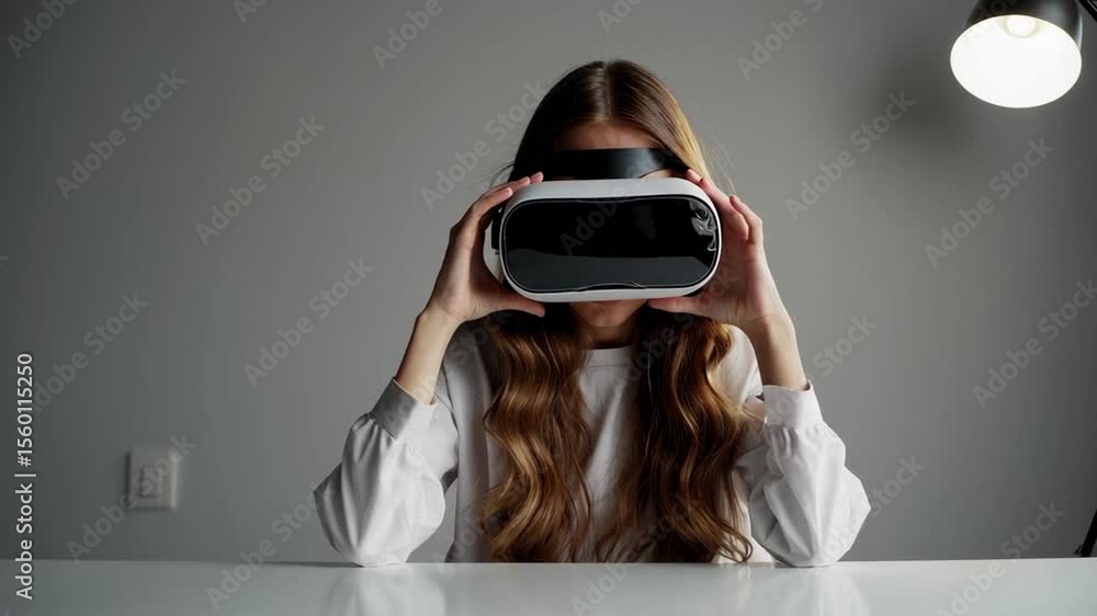 Aufkleber student wearing virtual reality headset, sitting at white classroom desk while immersed in digital l