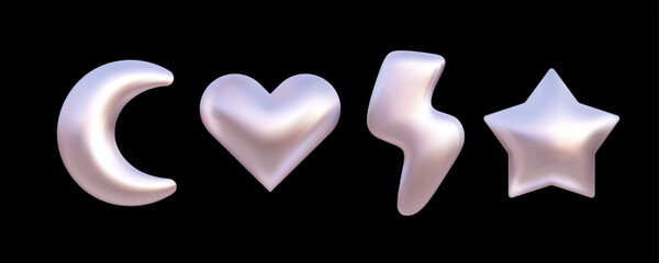 Silver chrome emoji vector 3d set. Y2k heart, moon, lightning and star design elements isolated. Shining metallic effect.