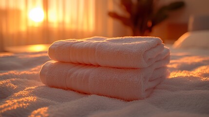 Folded towels on a bed, warm sunset light