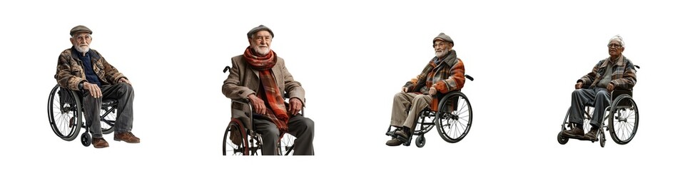Set of senior people in wheelchairs in various poses isolated on transparent background