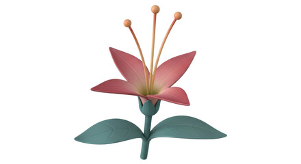Isolated Stylized Pink Flower with Green Leaves