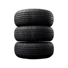 Stacked car tires with tread patterns isolated on transparent white background, clipping path