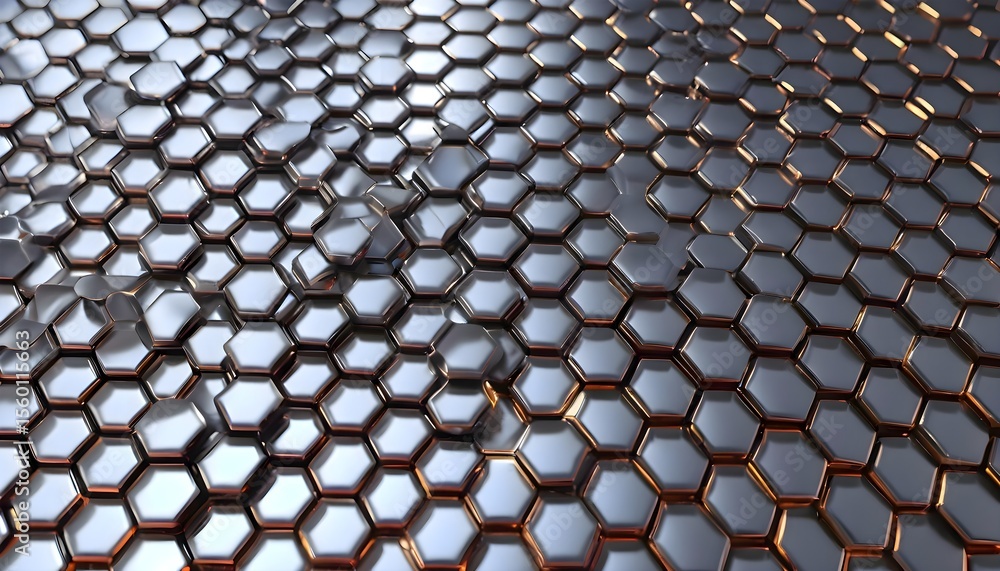 Aufkleber close up of a shiny metal surface with repeating hexagonal pattern, rendered in a futuristic and hig