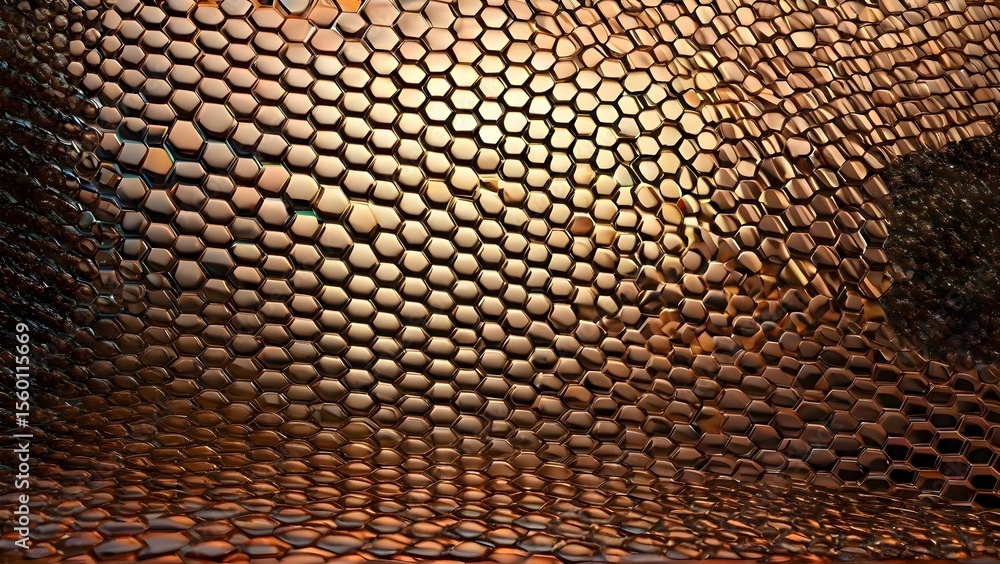 Poster close up of a shiny metal surface with repeated circular patterns, rendered in futuristic industrial
