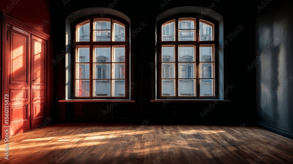 Poster spacious empty room with wooden floors, dark walls, and large windows creating light patterns