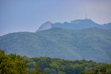 mountain landscape with green trees and cloudy sky