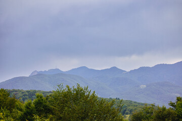 mountain landscape with green trees and cloudy sky