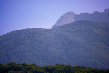 mountain landscape with green trees and cloudy sky