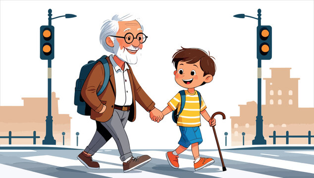 A young child assisting a senior person crossing the road