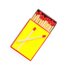 Matches and box isolated on white, top view