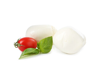 Tasty mozzarella cheese balls, tomato and basil on white background