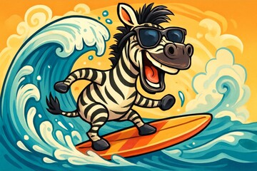Cartoon zebra energetic surfing big ocean wave under sunny sky