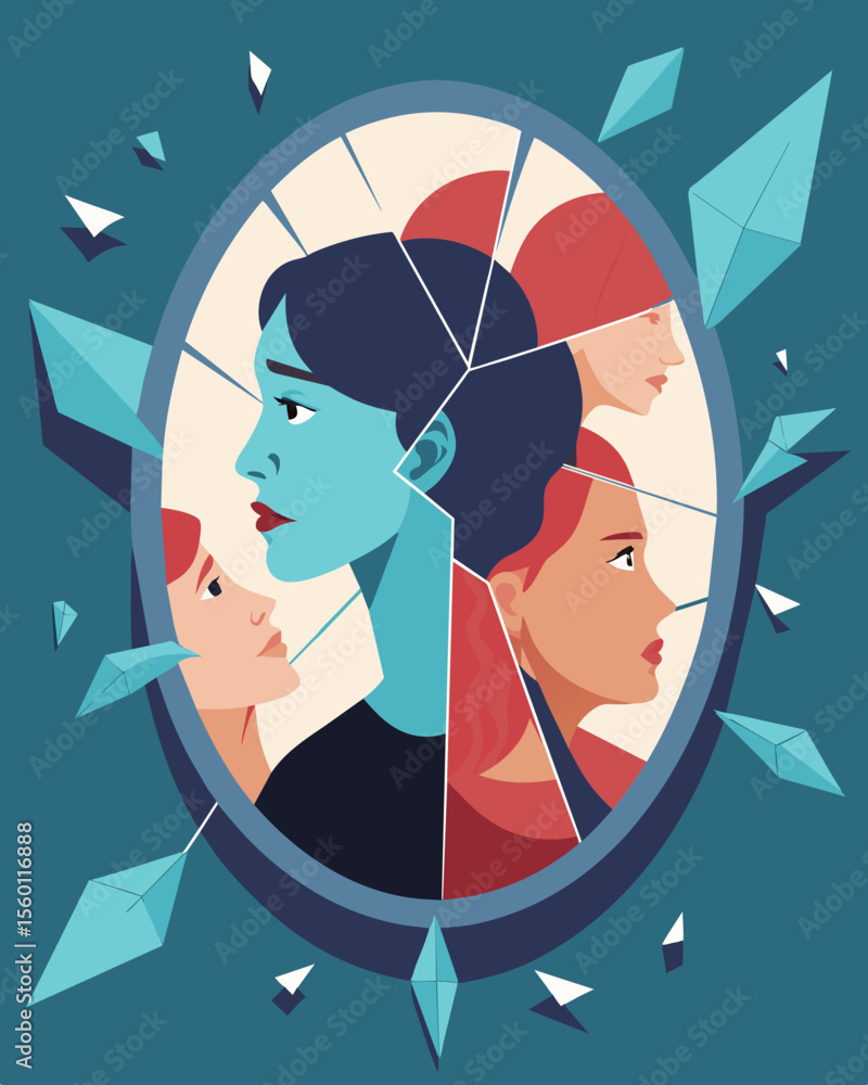 Poster a broken mirror hanging on the wall each piece reflecting a different version of the persons identit