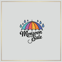 Monsoon sale in a minimalist, modern style. The logo consists of a stylized umbrella with a colorful gradient of red, orange, yellow, green, and blue, with water dropis written in a playful, cursive 