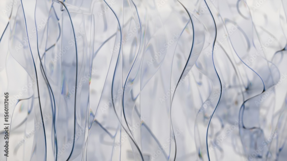 Poster plastic sheets with iridescent reflections are slowly moving and waving on a white background, creat