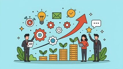 A business team collaborates on a growth strategy. The flat-style illustration shows people developing ideas and nurturing investments, leading to financial success symbol