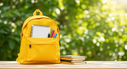 Bright yellow backpack with school supplies & books outdoors for back to school designs, education concepts, student life, school promotion & children's events.