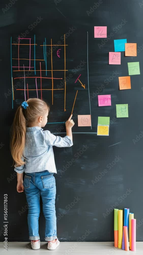 Aufkleber elementary school student pointing at a vibrant chart on a blackboard, illustrating active learning 