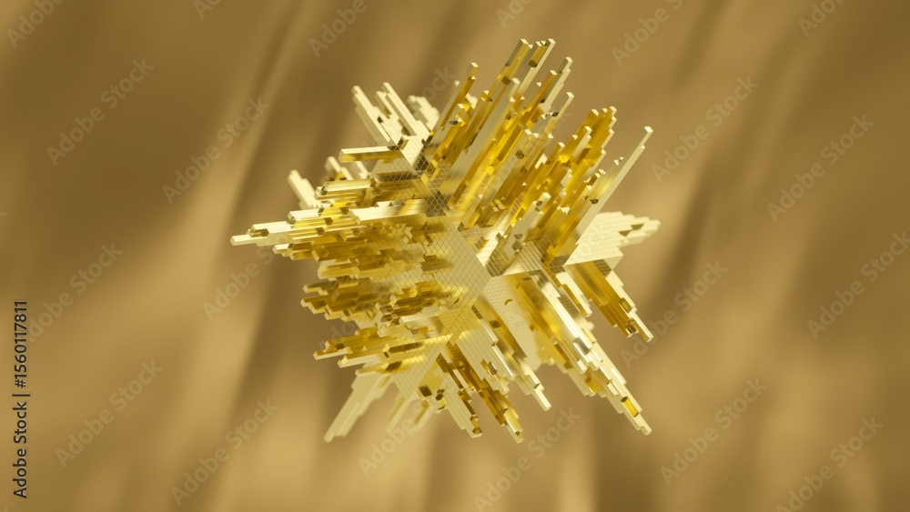 Poster golden cube structure rotating slowly, revealing intricate geometric details with luminous reflectio