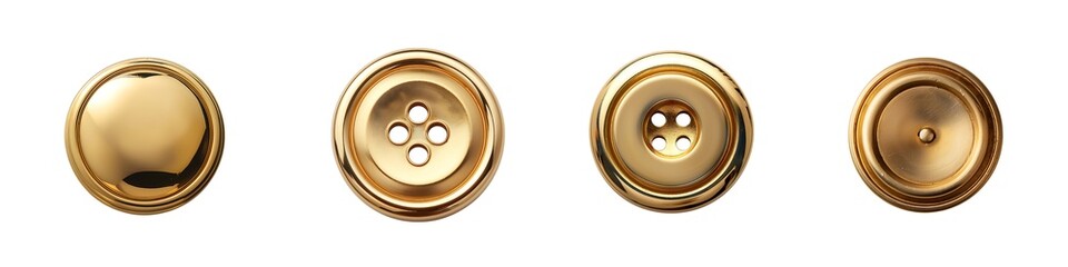 Set of golden metal buttons in various styles isolated on transparent background