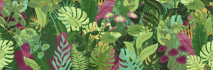 Tropical forest full cover background. Nature green leaves, exotic plants, botanical border, horizontal floral banner, card design