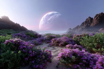 Fototapeten Stunning alien landscape with vibrant flowers under a massive planet in the sky © YouraPechkin