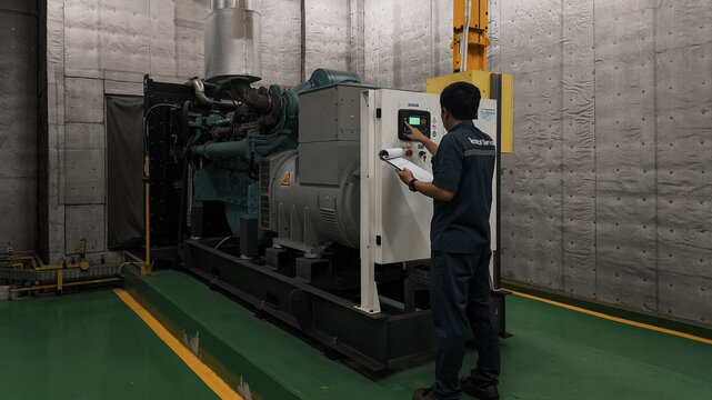 Technician inspecting a large generator in a utility room.