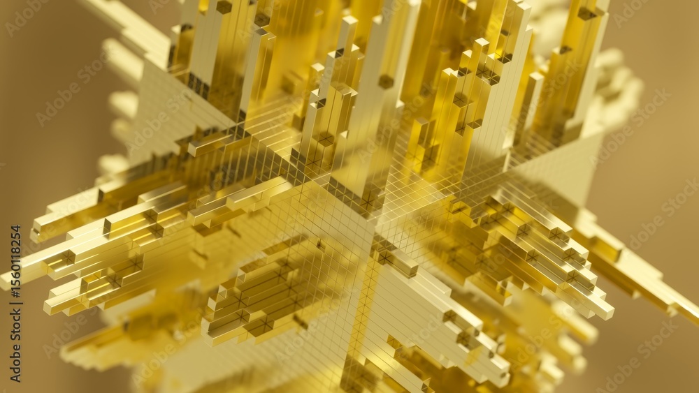 Poster complex golden cube structure with extruded elements rotates slowly, showcasing intricate details an