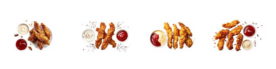 Set of crispy fried chicken tenders with dipping sauces isolated on transparent background