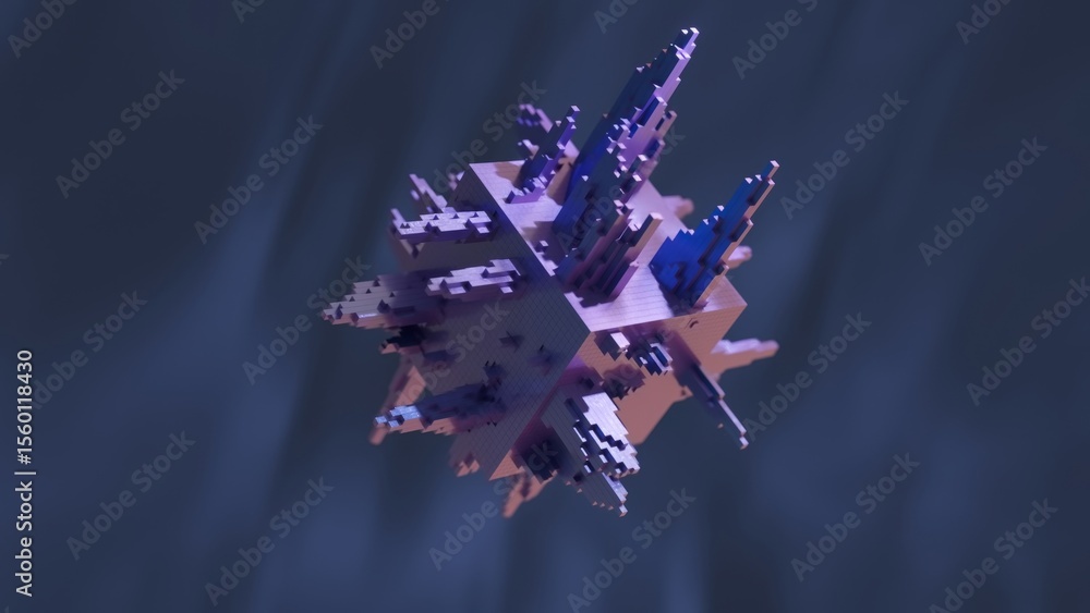 Poster digital pixelated cube rotating slowly, revealing intricate protrusions against deep dark background