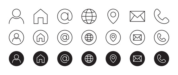 Contact us web icon set. Business card icons. User, home, address, website, location, mail, telephone. Editable stroke. Vector illustration.