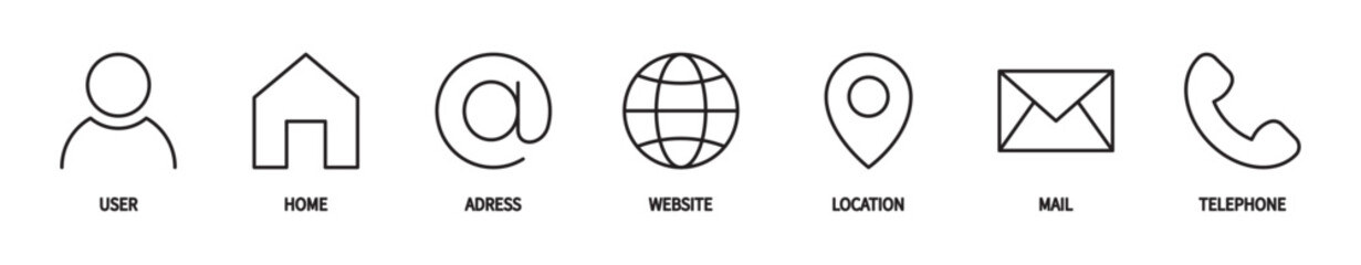 Contact us web icon set. Business card icons. User, home, address, website, location, mail, telephone. Editable stroke. Vector illustration.