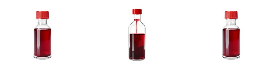 Set of red glass bottles used in hospital with caps isolated on transparent background