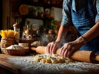 Warm homemade pasta, rustic kitchen scene, skilled hands, traditional cooking, cozy ambiance.