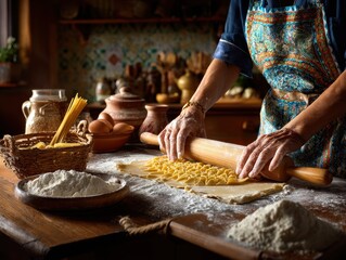 Authentic homemade pasta, rustic kitchen setting, skilled hands, traditional recipe, warm glow.