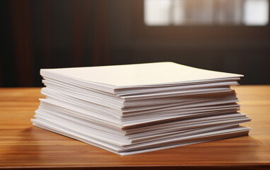 A stack of white paper sits on a wooden table