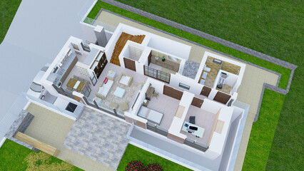 modern house with green grass, 3d rendering plan layout of a modern single house