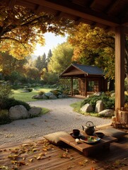 Serene autumn tea house, tranquil japanese garden, golden foliage, peaceful retreat, natural beauty.