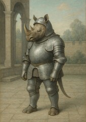 Armored rhinoceros in medieval setting.