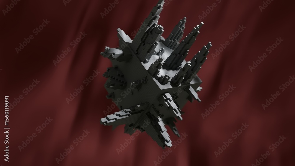 Poster intricate pixelated geometric cube rotating slowly, revealing complex structural dynamics against vi