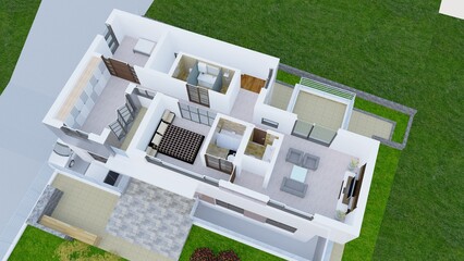 house on green grass, 3d rendering plan layout of a modern single house
