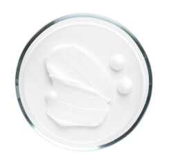 Cosmetic product in Petri dish isolated on white, top view
